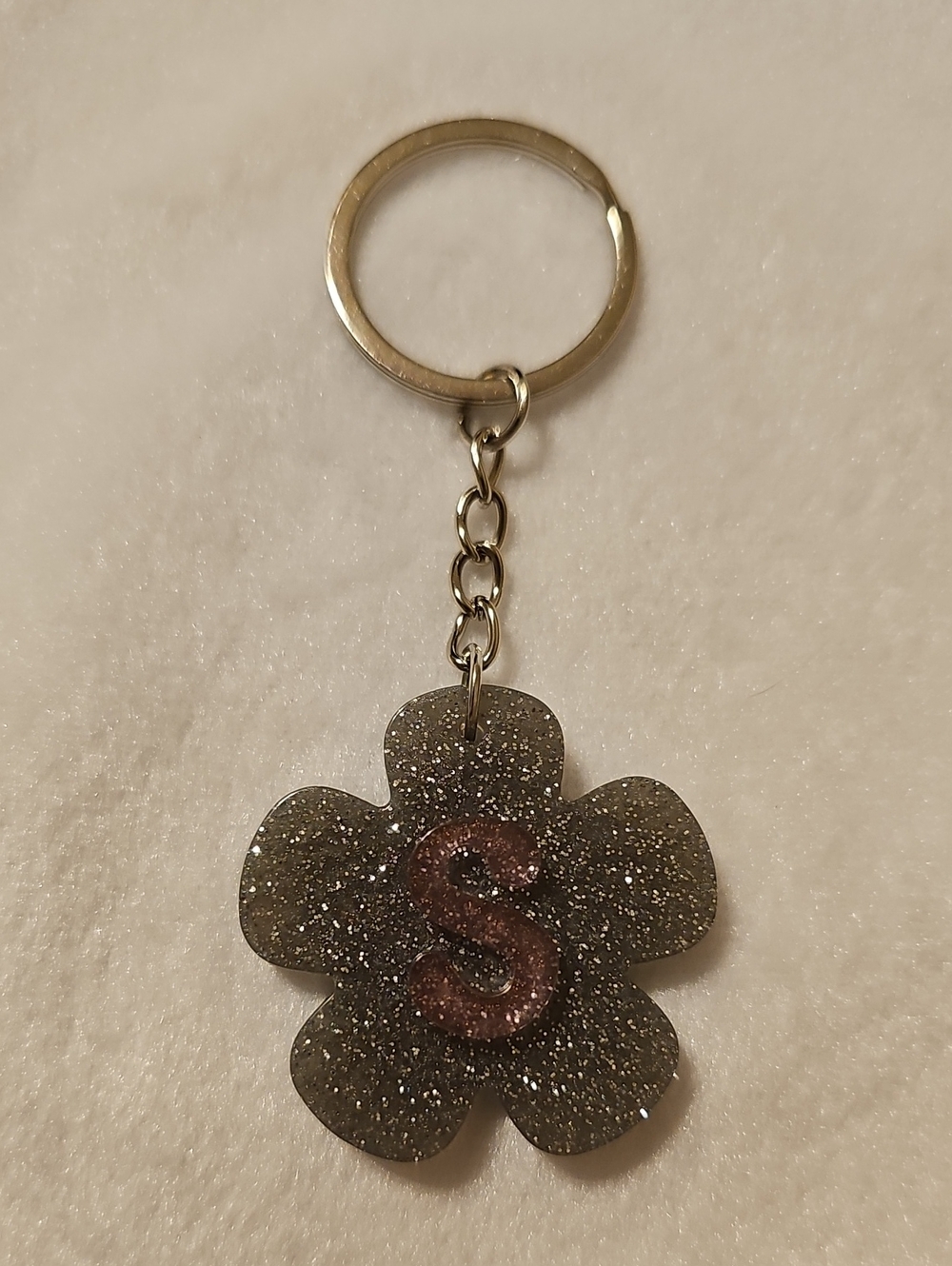 Silver Glitter Flower Keychain with Letter S